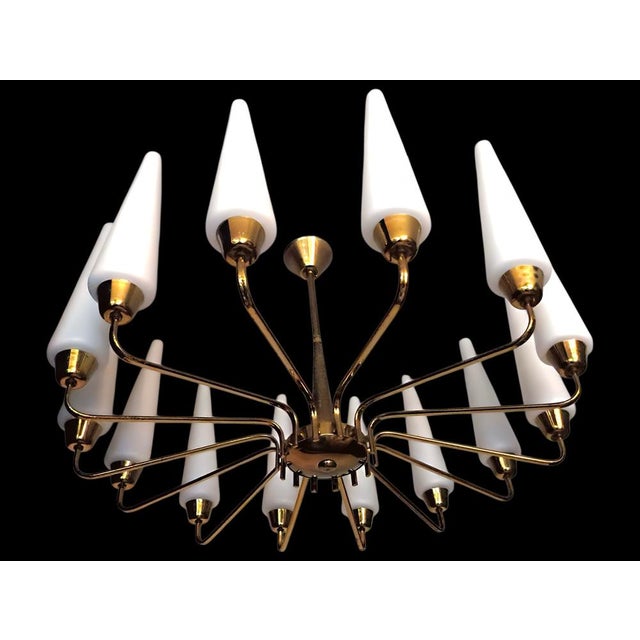 1950s Large Mid-Century French Sunburst Chandelier with 14 White Satin Glasses from Arlus, 1950s For Sale - Image 5 of 14