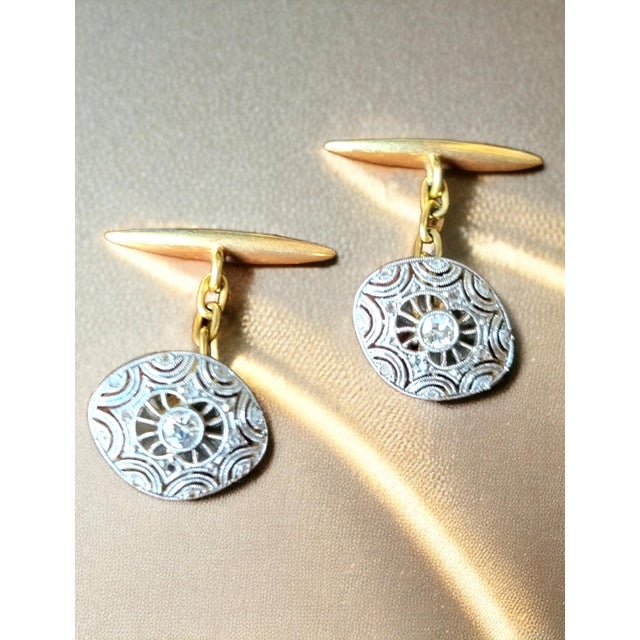 Metal Edwardian Diamond Cufflinks in Platinum Over 18k Gold, 1910, Set of 2 For Sale - Image 7 of 14
