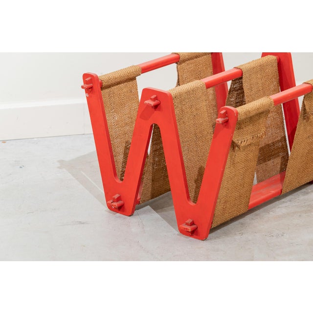 1960s Vintage Brutalist Umbrella Stand in Red Lacquered Wood and Burlap, France, 1970s For Sale - Image 5 of 6
