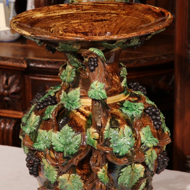 19th Century French Painted Ceramic Barbotine Vase With Vine, Grape & Leaf Decor For Sale - Image 9 of 10