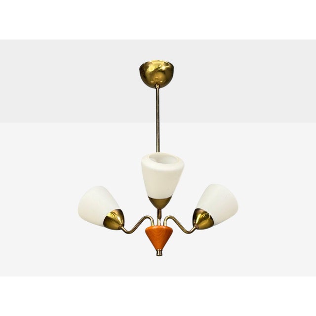 Mid-Century Modern 1950s Swedish Modern, Pendant Light, Brass, Glass, Teak For Sale - Image 3 of 10