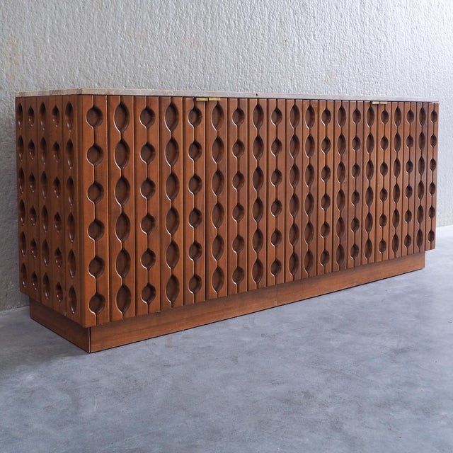 2000 - 2009 Brutalist Carved Wood Sideboard with Travertine Top For Sale - Image 5 of 17