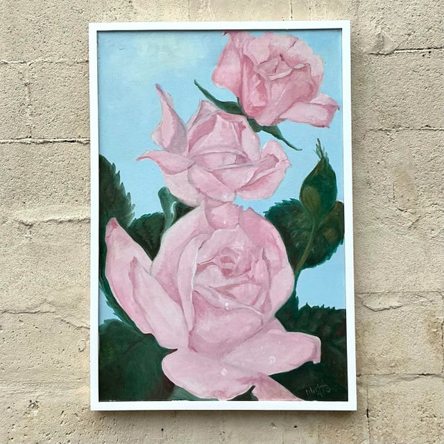 Vintage Boho Floral Original Oil Painting on Canvas For Sale - Image 4 of 6