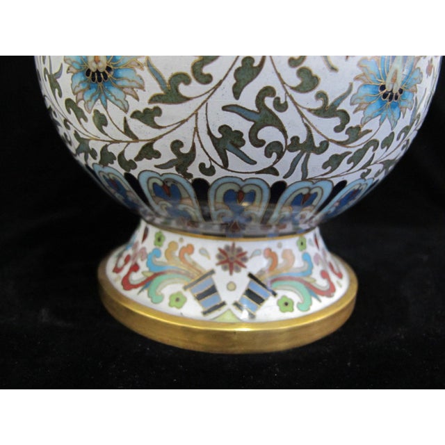 Large Chinese White Enamel Cloisonne Colorful Flower Vase Pair For Sale - Image 10 of 14