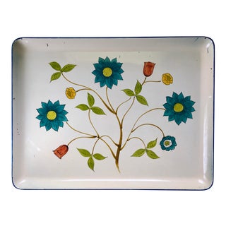 Vintage Hand-Painted Folk Art Blue & White Floral Tray For Sale