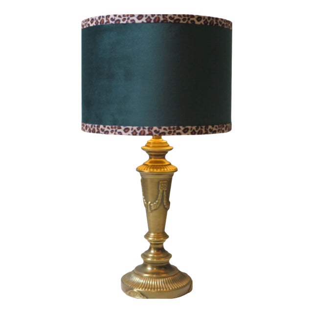 Vintage Brass Table Lamp with Custom Green Velvet Shade and Panther Trim from JAB Anstoetz, 1970 For Sale