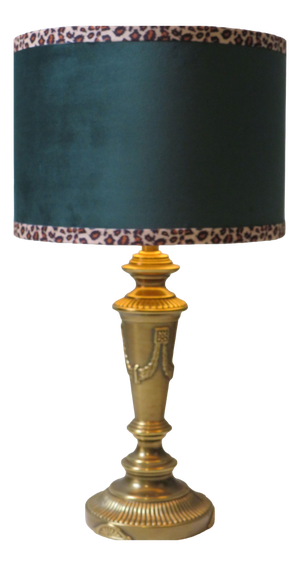 Vintage Brass Table Lamp with Custom Green Velvet Shade and Panther Trim from JAB Anstoetz, 1970