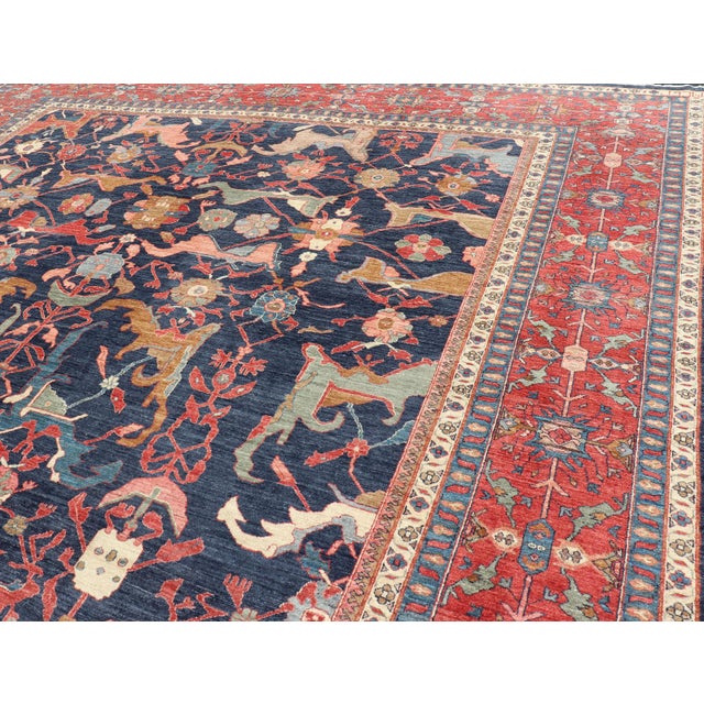 Navy Blue Large Persian Bidjar Rug With Navy Field and Red Border Floral Design For Sale - Image 8 of 16