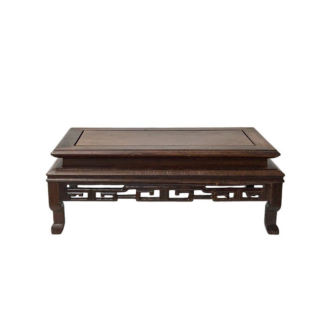 Asian Rectangular Natural Wood Pattern Brown Open Work Table Top Display Stand Easel For Sale - Image 3 of 6