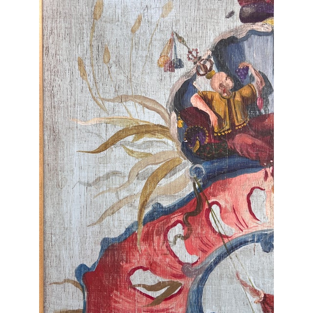 Fine French Chinoiserie Chic Figurative Whimsical Oil on Wood Painting in Gilt Frame For Sale - Image 14 of 18