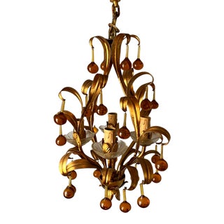 Vintage Italian Tole Gilt Chandelier With Orange Prisms For Sale