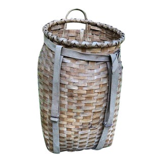 Tall Vintage Creel or Fisherman's Woven Wicker Basket With Canvas Straps For Sale
