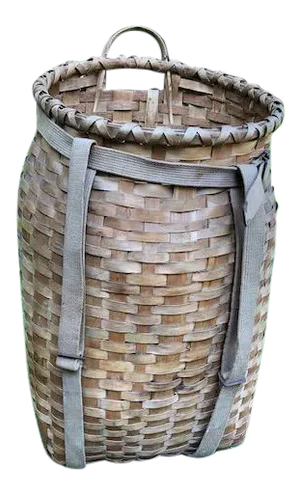 Tall Vintage Creel or Fisherman's Woven Wicker Basket With Canvas Straps