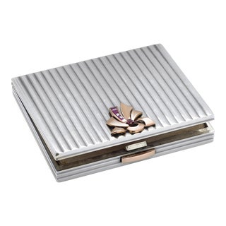 Vintage French Art Deco Ribbed Gold Silver Ruby 3 Inch Ribbon Compact For Sale
