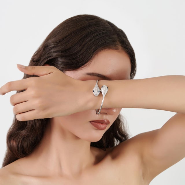 Luxury Double Headed Serpentine Cz Bangle in Sterling Silver by Carat&Her For Sale - Image 6 of 13