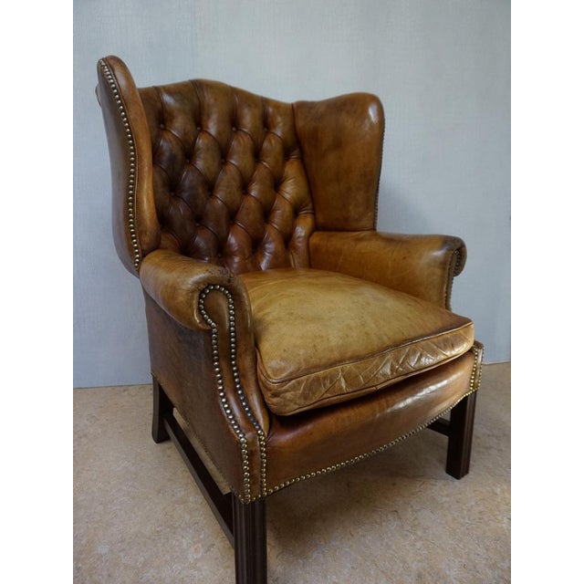 Animal Skin Mid-Century Cognac Leather Chesterfield Wingback Armchair, 1960s For Sale - Image 7 of 14