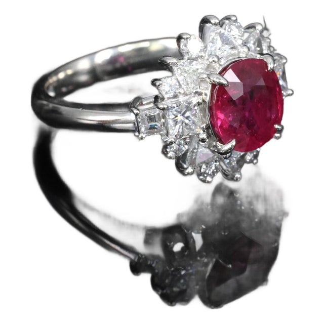 Late 20th Century Fine 2.36ct Gia Intense Red Ruby & 1.02ct Diamond Platinum Ring Size 6.25 For Sale