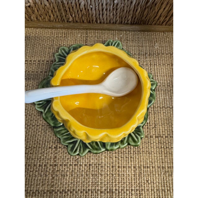 Vintage Portuguese pumpkin shaped serving bowl with underplate and serving spoon. No maker’s marks.