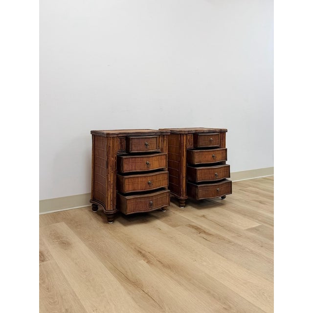 Vintage Nightstands Split Bamboo Reed Four Drawer British Colonial Pair Coastal Regency, Pair For Sale - Image 10 of 12