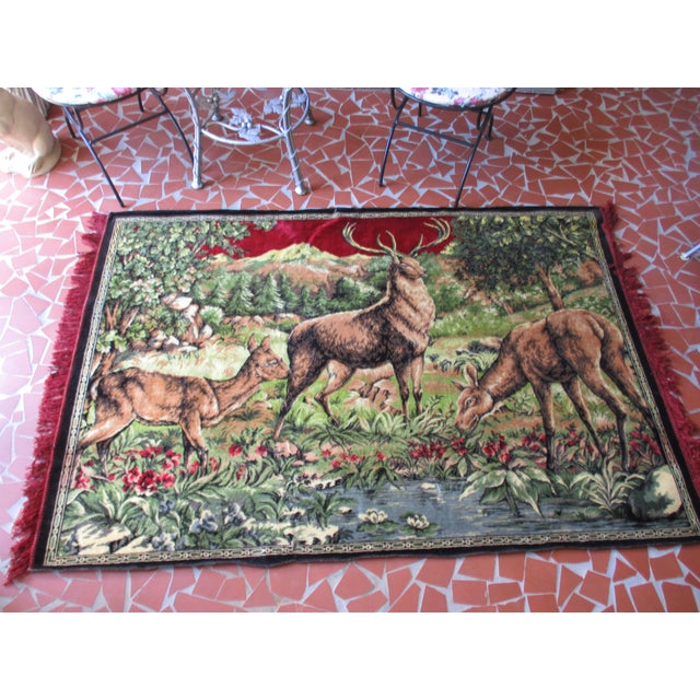 This is a Gorgeous! Vintage Velvet Tapestry with a Stag Bull Elk and Deer with Fawn Wall Hanging Decor/ Rug in Red Velvet...
