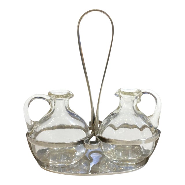 Mid 20th Century Arthur Krupp Milano Oil and Vinegar Glass and Silverplate Cruet Set - 3pcs, Possibly Gio Ponti For Sale