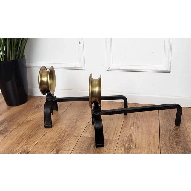 Italian Brass and Wrought Iron Andirons, 1970s, Set of 2 For Sale - Image 4 of 7
