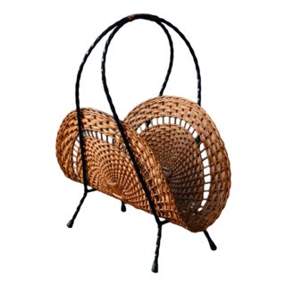 Wicker and Wrought Iron Magazine Rack, 1960s For Sale
