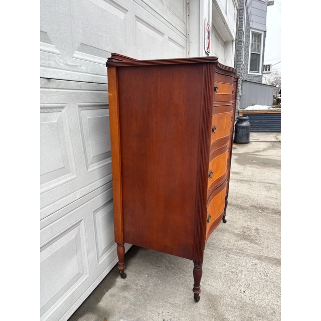 Early 20th Century Antique Colonial Revival Serpentine Chest of Drawers, 1920s American Cherry & Maple Dresser, Vintage Curved Front Bedroom Furniture, Wood For Sale - Image 5 of 12