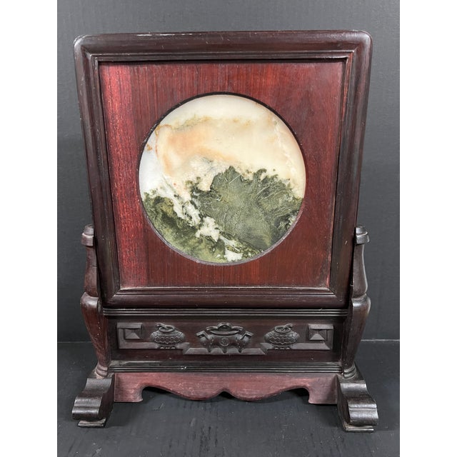 ITEM NAME: Chinese Art Hardwood and Marble Dream Stone Table Screen ORIGIN: China AGES: Late 20th Century MATERIALS:...