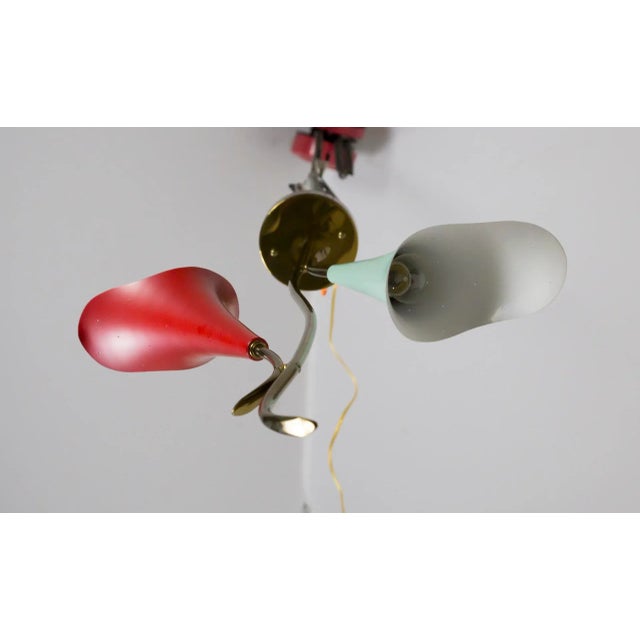 Mid Century 2-Light Pendant With Mint & Red Trumpet Flower Shades & Curved Stem For Sale - Image 12 of 13