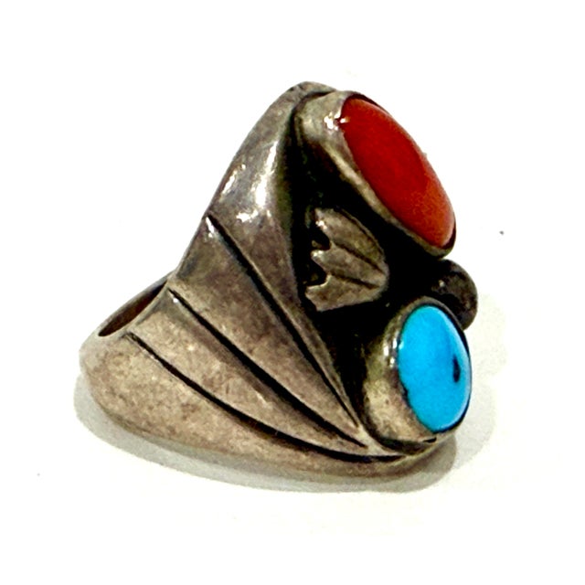 Rustic Navajo Old Pawn Heavy Sterling Silver Turquoise Coral Native American Ring Southwest For Sale - Image 3 of 7