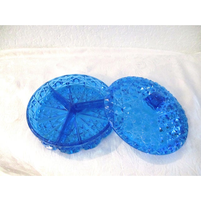 Glass Mid-Century Lazer Blue Cut Glass Lidded Divided Bowl For Sale - Image 7 of 9