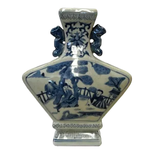 Chinese Blue White Porcelain Oriental Graphic Fan Shape Vase
