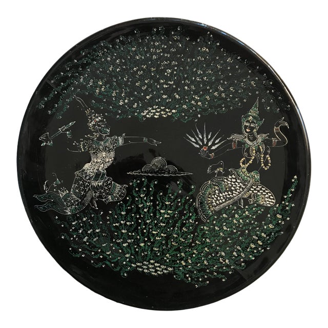 Mid Century Siam Ramayana Legend Decorative Black Lacquer Hand Painted Plate Thailand For Sale