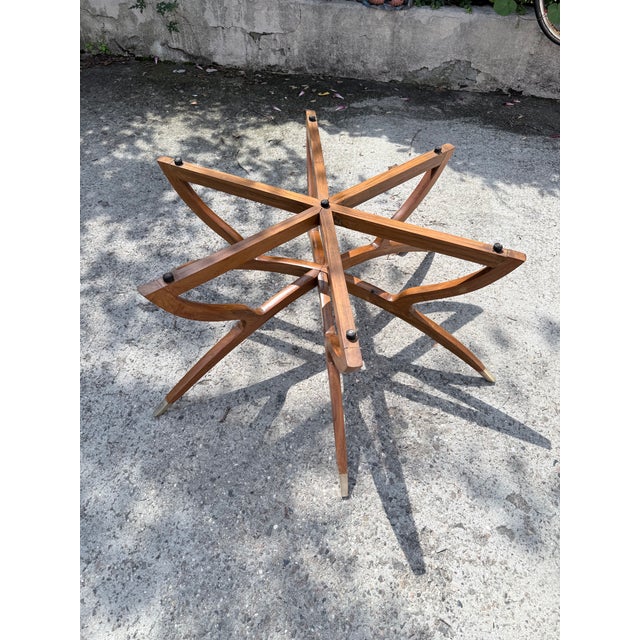 Brass Vintage Mid Century Moroccan Embossed Brass Teak Wood Spider-Leg Coffee Table For Sale - Image 8 of 14