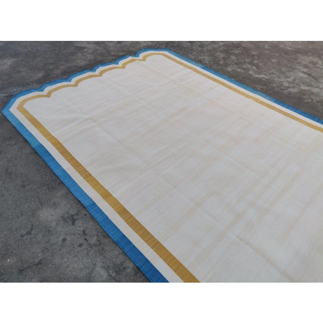 Textile Handmade Cotton Vegetable Dyed Scalloped Edge Rug Light Yellow With Yellow and Teal Blue Border - 8'x10' For Sale - Image 7 of 11