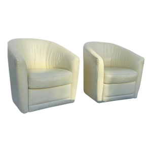 20 Th. Pair of Italian Natuzzi Leather Barrel Back Swivel Chaits