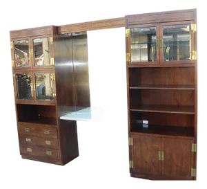 1970s Campaign Henredon Vintage Wall Unit / Entertainment Center With Brass Hardware