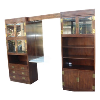 1970s Campaign Vintage Henredon Oak Wall Unit With Marble Counter and Mirrored Cabinets For Sale
