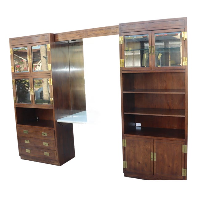 1970s Campaign Vintage Henredon Oak Wall Unit With Marble Counter and Mirrored Cabinets For Sale