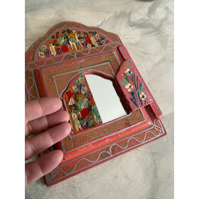 Vintage Folk Art Painted Wood Mirror Hand Painted Floral Motif 9.5 Inch Wall Mirror For Sale - Image 4 of 11