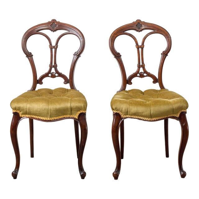 Pair of Antique Carved Chairs With Velvet Tufted Upholstered Seats For Sale
