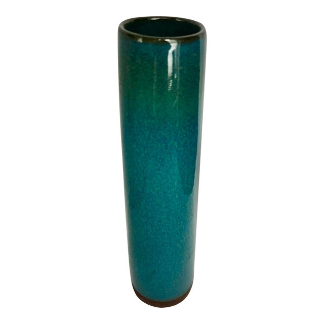 Mid-20th Century Modern Signed Studio Pottery Cylinder Vase in Turquoise Glaze For Sale