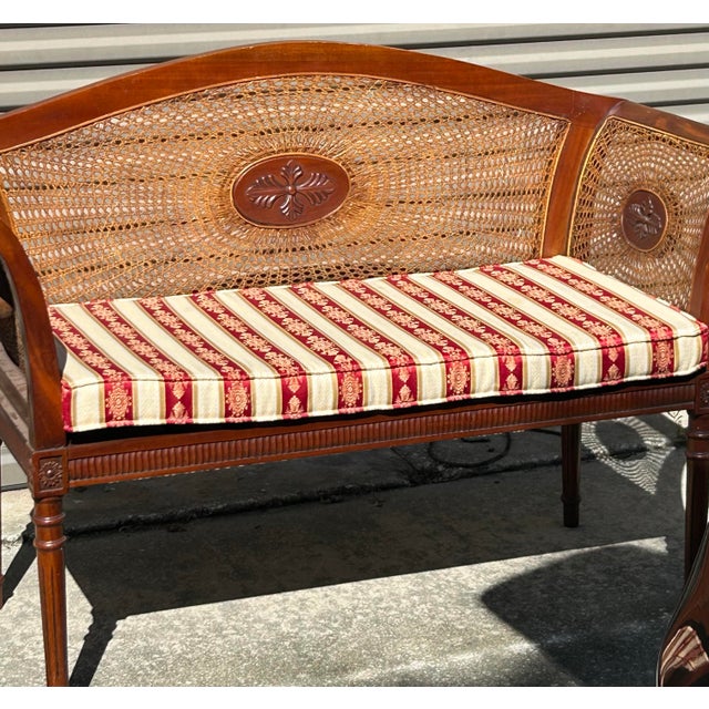 Vintage English Regency Style Caned Settee Bench For Sale - Image 4 of 12
