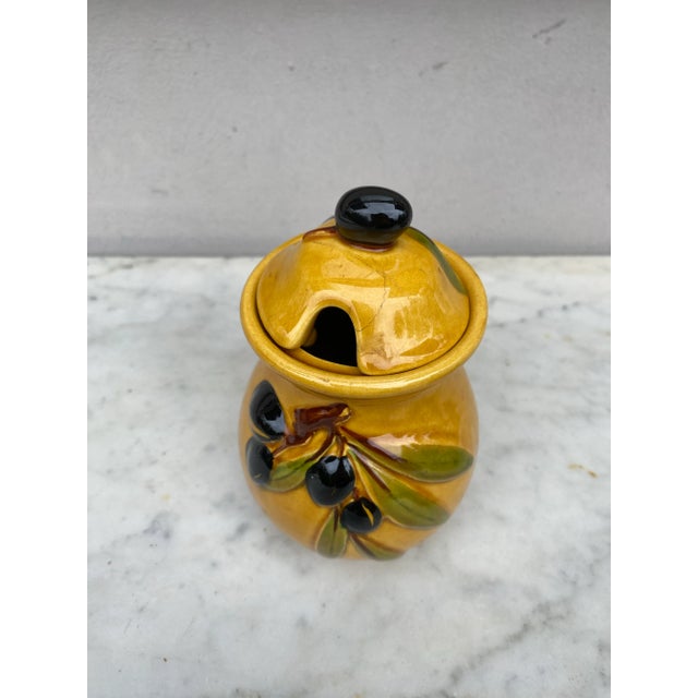 Mid-Century Modern French Majolica Olives Canister Vallauris, Circa 1950 For Sale - Image 3 of 7