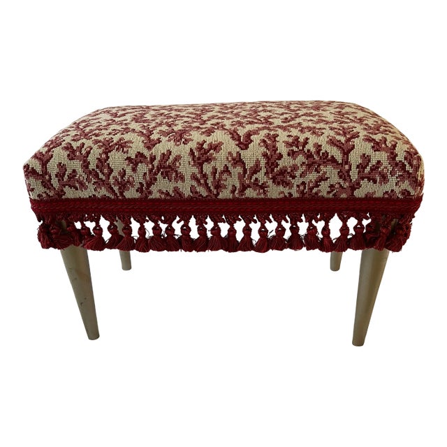 Late 20th Century Burgundy Upholstered Footstool With Trim For Sale