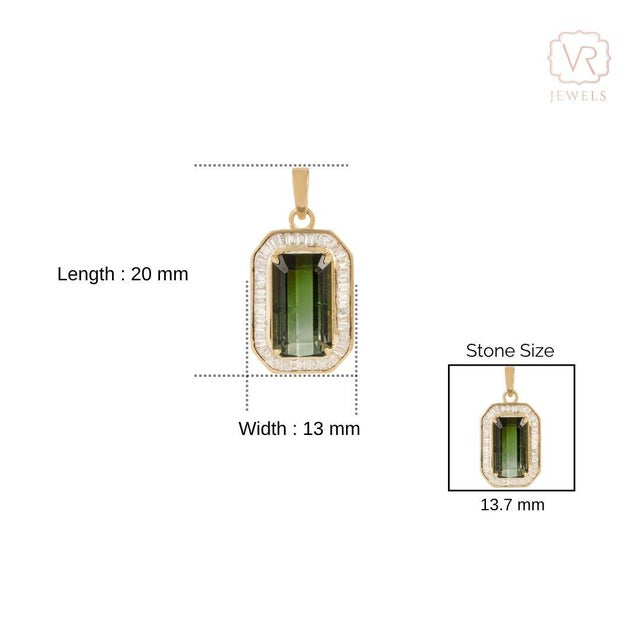 5.5ct Emerald Cut Green Tourmaline & Baguette Diamond Pendant in 14k Yellow Gold For Sale - Image 9 of 12