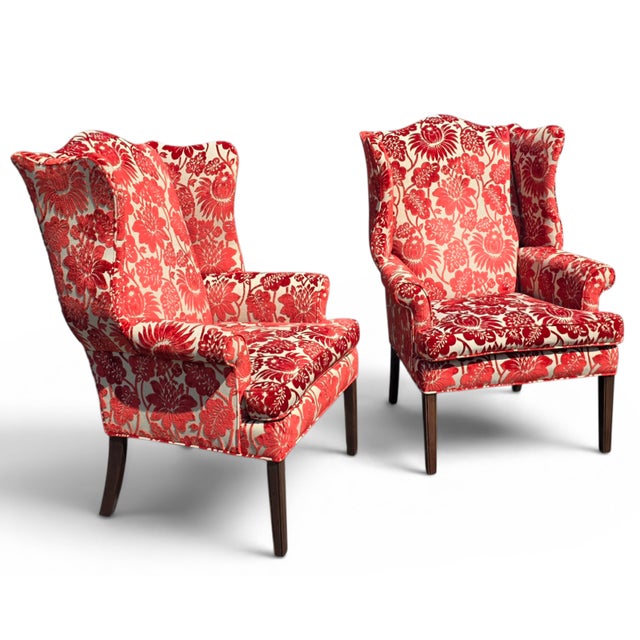 Wood Pair of Late 20th Century Custom Upholstered Wingback Armchairs in Red and Ivory Floral Cut Velvet For Sale - Image 7 of 14
