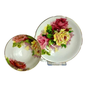 1970s Vintage Stanley Tea Cup and Saucer; White With Large Pink and Yellow Cabbage Roses; Gold Gilt Trim - Set of 2