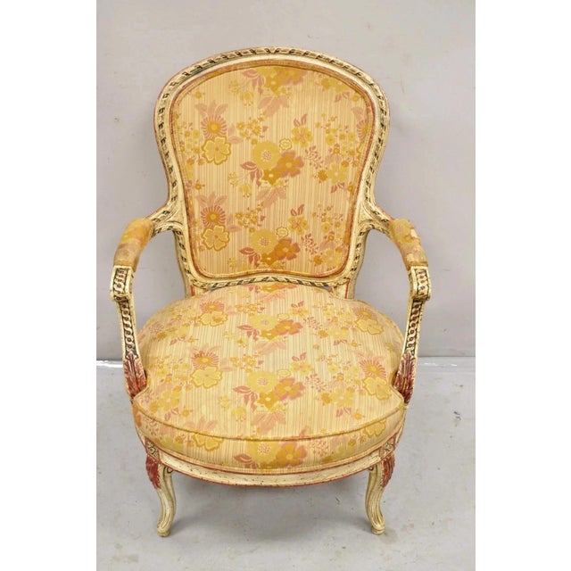 Vintage French Louis XV Style Cream and Red Painted Low Boudoir Fauteuil Chair For Sale - Image 12 of 12